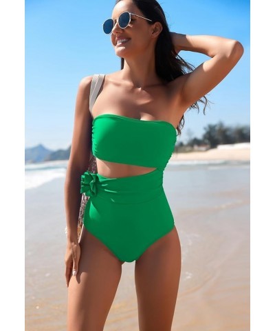 Womens One Piece Swimsuits Ruched Tummy Control 3D Floral Bathing Suit Bandeau Swimwear with Removable Straps Green $16.80 Sw...