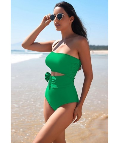 Womens One Piece Swimsuits Ruched Tummy Control 3D Floral Bathing Suit Bandeau Swimwear with Removable Straps Green $16.80 Sw...