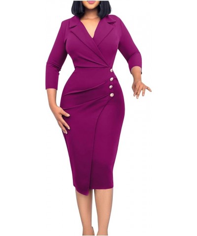 2022 Women's Bodycon Wrap Work Dresses for Office Professional Business Casual Long Sleeve Button Midi Pencil Dress Purple $6...