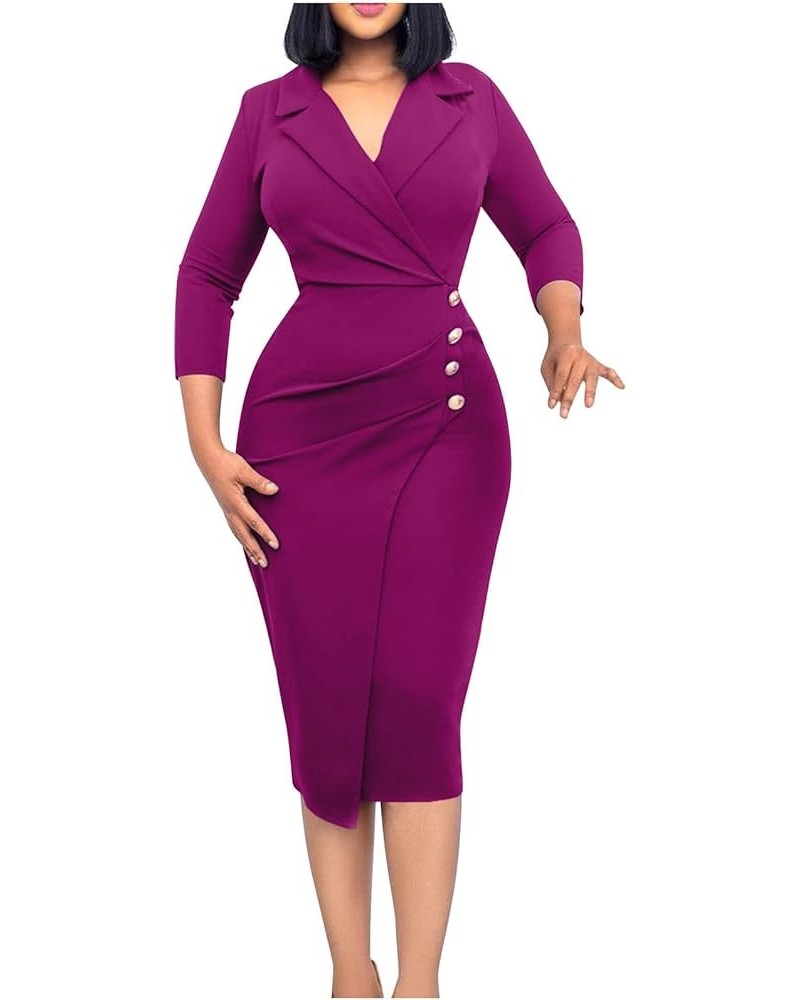 2022 Women's Bodycon Wrap Work Dresses for Office Professional Business Casual Long Sleeve Button Midi Pencil Dress Purple $6...