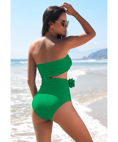 Womens One Piece Swimsuits Ruched Tummy Control 3D Floral Bathing Suit Bandeau Swimwear with Removable Straps Green $16.80 Sw...