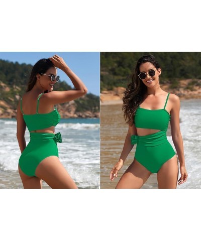 Womens One Piece Swimsuits Ruched Tummy Control 3D Floral Bathing Suit Bandeau Swimwear with Removable Straps Green $16.80 Sw...