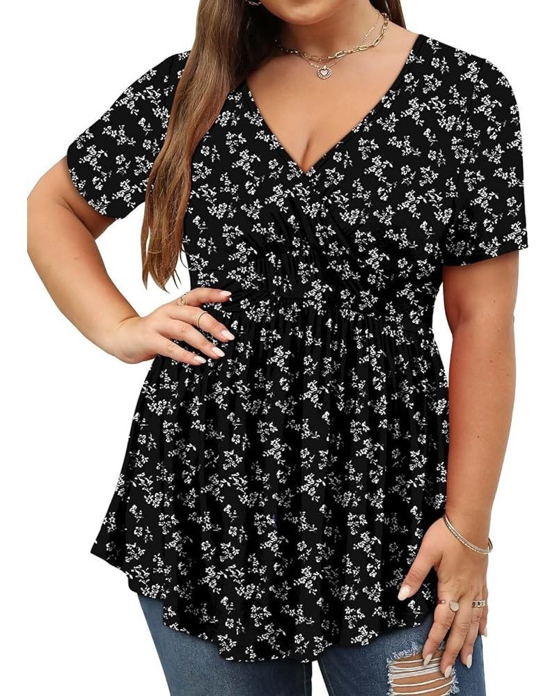 Plus Size Womens Tunic Top Short Sleeve V Neck Floral Summer Top A-blackwhite $12.50 Tops