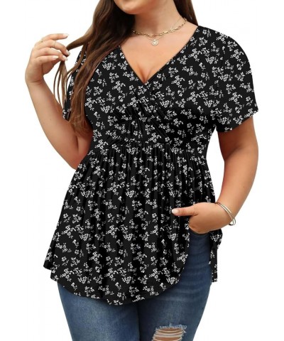 Plus Size Womens Tunic Top Short Sleeve V Neck Floral Summer Top A-blackwhite $12.50 Tops