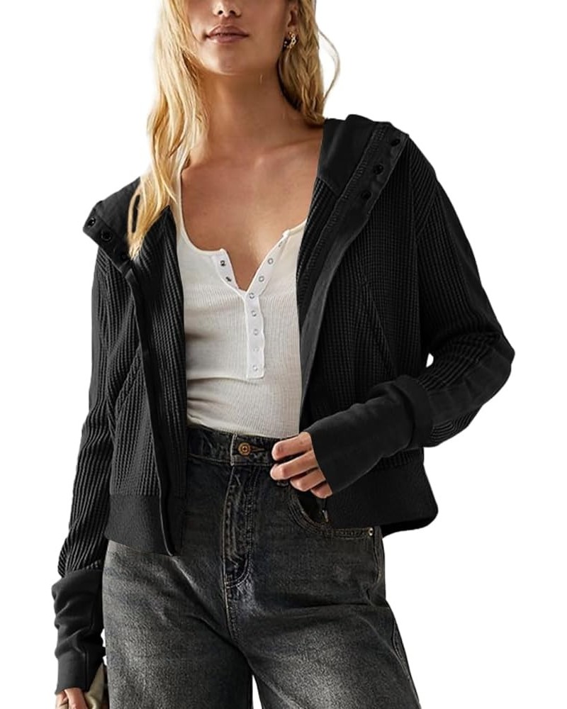 Womens Zip Up Hoodie Waffle Knit Shacket Casual Short Jackets With Pockets Long Sleeve Cropped Y2K Jacket Black $20.29 Jackets