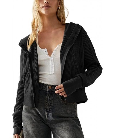 Womens Zip Up Hoodie Waffle Knit Shacket Casual Short Jackets With Pockets Long Sleeve Cropped Y2K Jacket Black $20.29 Jackets