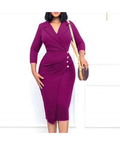 2022 Women's Bodycon Wrap Work Dresses for Office Professional Business Casual Long Sleeve Button Midi Pencil Dress Purple $6...