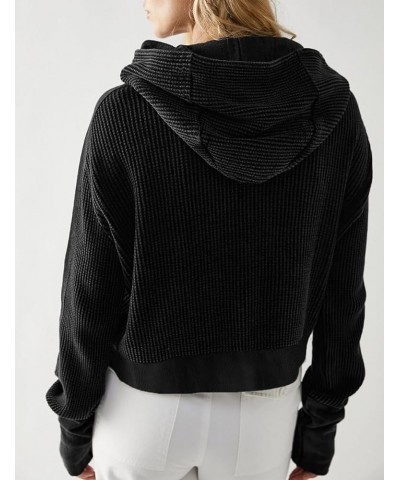 Womens Zip Up Hoodie Waffle Knit Shacket Casual Short Jackets With Pockets Long Sleeve Cropped Y2K Jacket Black $20.29 Jackets