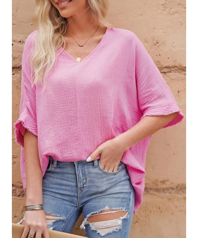 Casual Womens Short Sleeve V Neck Shirts Oversized Solid Blouses Tops 1 Pink $13.53 Blouses