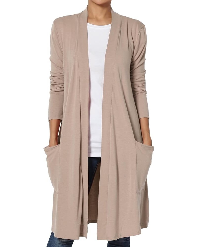 Women's Casual Long Sleeve Pocket Open Front Jersey Knit Knee Length Cardigan Light Mocha $17.84 Sweaters