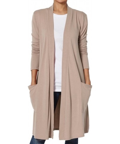 Women's Casual Long Sleeve Pocket Open Front Jersey Knit Knee Length Cardigan Light Mocha $17.84 Sweaters