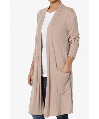 Women's Casual Long Sleeve Pocket Open Front Jersey Knit Knee Length Cardigan Light Mocha $17.84 Sweaters