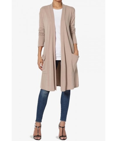 Women's Casual Long Sleeve Pocket Open Front Jersey Knit Knee Length Cardigan Light Mocha $17.84 Sweaters