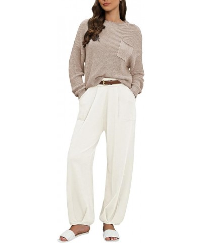 Women's 2023 Fall 2 Piece Outfits Sweater Set Knit Pullover Tops and High Waisted Pants Tracksuit Lounge Sets Sand White $21....