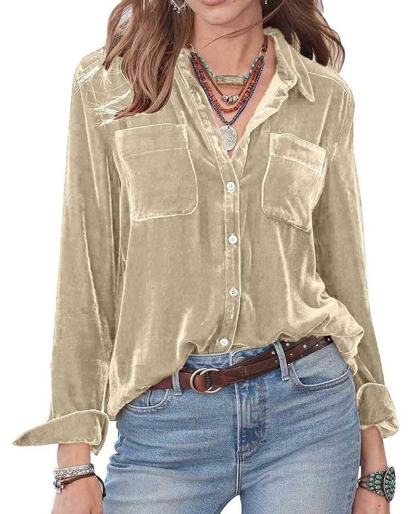 NUOREE Womens Regular Fit Velvet Button Down Shirts Boyfriend Long Sleeve Blouses Tops Khaki $12.38 Blouses