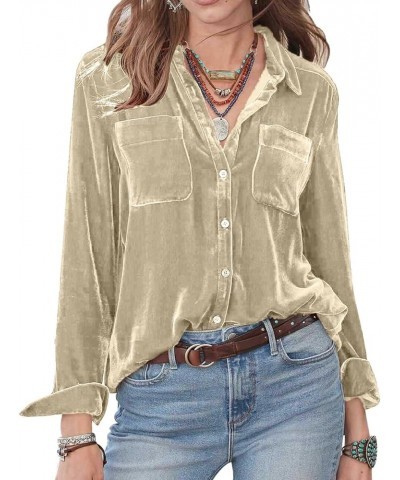 NUOREE Womens Regular Fit Velvet Button Down Shirts Boyfriend Long Sleeve Blouses Tops Khaki $12.38 Blouses