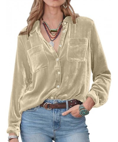 NUOREE Womens Regular Fit Velvet Button Down Shirts Boyfriend Long Sleeve Blouses Tops Khaki $12.38 Blouses