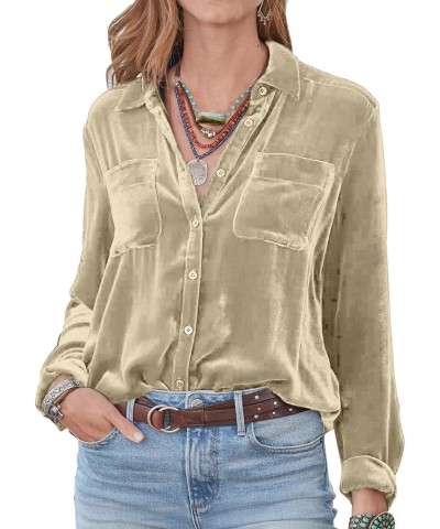 NUOREE Womens Regular Fit Velvet Button Down Shirts Boyfriend Long Sleeve Blouses Tops Khaki $12.38 Blouses