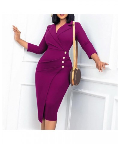 2022 Women's Bodycon Wrap Work Dresses for Office Professional Business Casual Long Sleeve Button Midi Pencil Dress Purple $6...