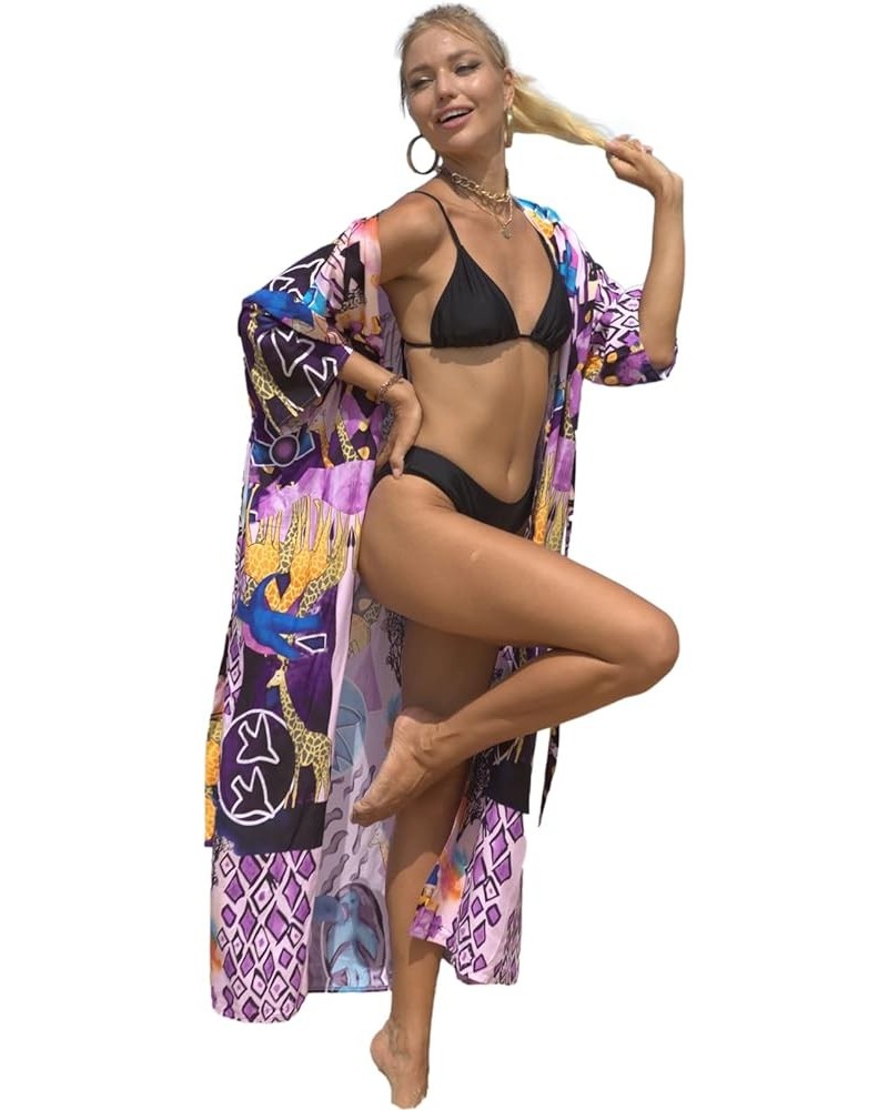 bird kimonos for women duster kimono beach boho kimono beach cover up Geometry print long kimonos Y-purple&blue $15.40 Swimsuits