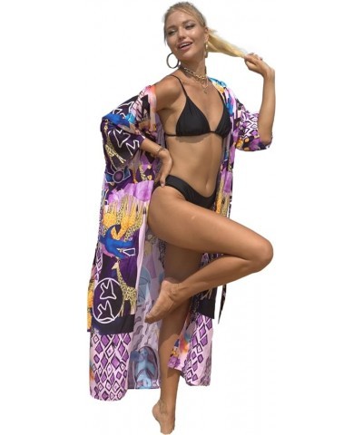 bird kimonos for women duster kimono beach boho kimono beach cover up Geometry print long kimonos Y-purple&blue $15.40 Swimsuits