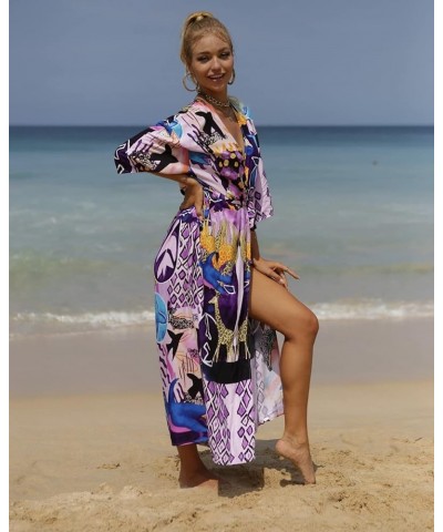 bird kimonos for women duster kimono beach boho kimono beach cover up Geometry print long kimonos Y-purple&blue $15.40 Swimsuits