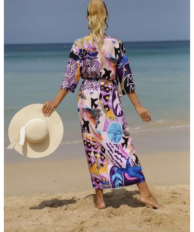 bird kimonos for women duster kimono beach boho kimono beach cover up Geometry print long kimonos Y-purple&blue $15.40 Swimsuits