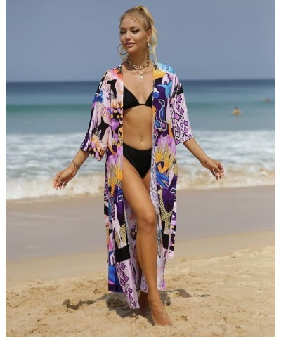 bird kimonos for women duster kimono beach boho kimono beach cover up Geometry print long kimonos Y-purple&blue $15.40 Swimsuits