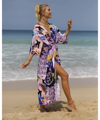 bird kimonos for women duster kimono beach boho kimono beach cover up Geometry print long kimonos Y-purple&blue $15.40 Swimsuits