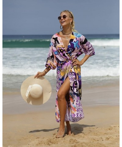 bird kimonos for women duster kimono beach boho kimono beach cover up Geometry print long kimonos Y-purple&blue $15.40 Swimsuits