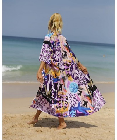 bird kimonos for women duster kimono beach boho kimono beach cover up Geometry print long kimonos Y-purple&blue $15.40 Swimsuits