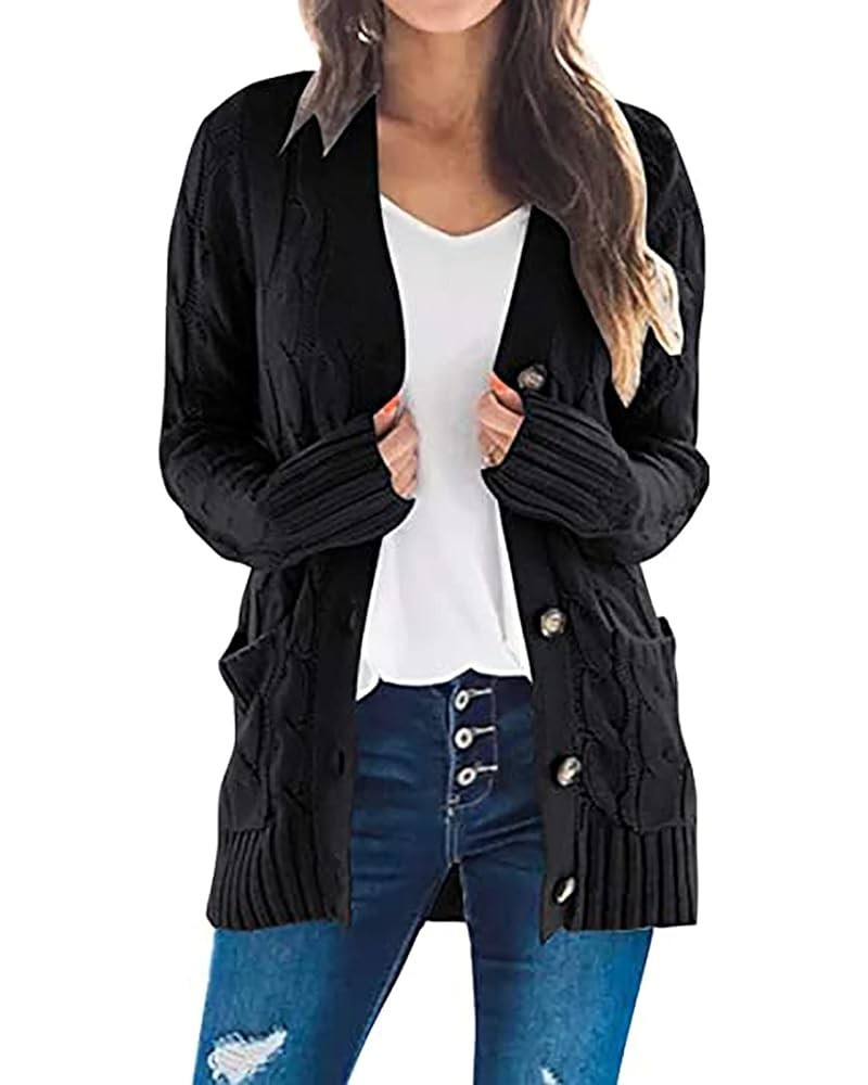 Cardigan Sweaters for Women Open Front Cardigan Sweater Fashion Button Knit Chunky Outwear Plus Size Coats Pocket Black $6.21...