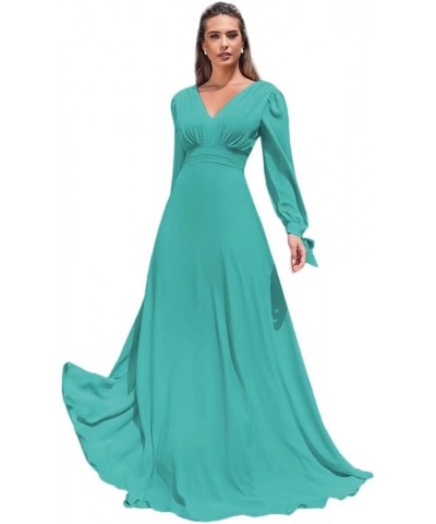 Elegant Chiffon Long Sleeve Bridesmaid Dresses for Women Long V Neck Formal Dresses A-line Pleated Party Gowns WZY50 Turquois...