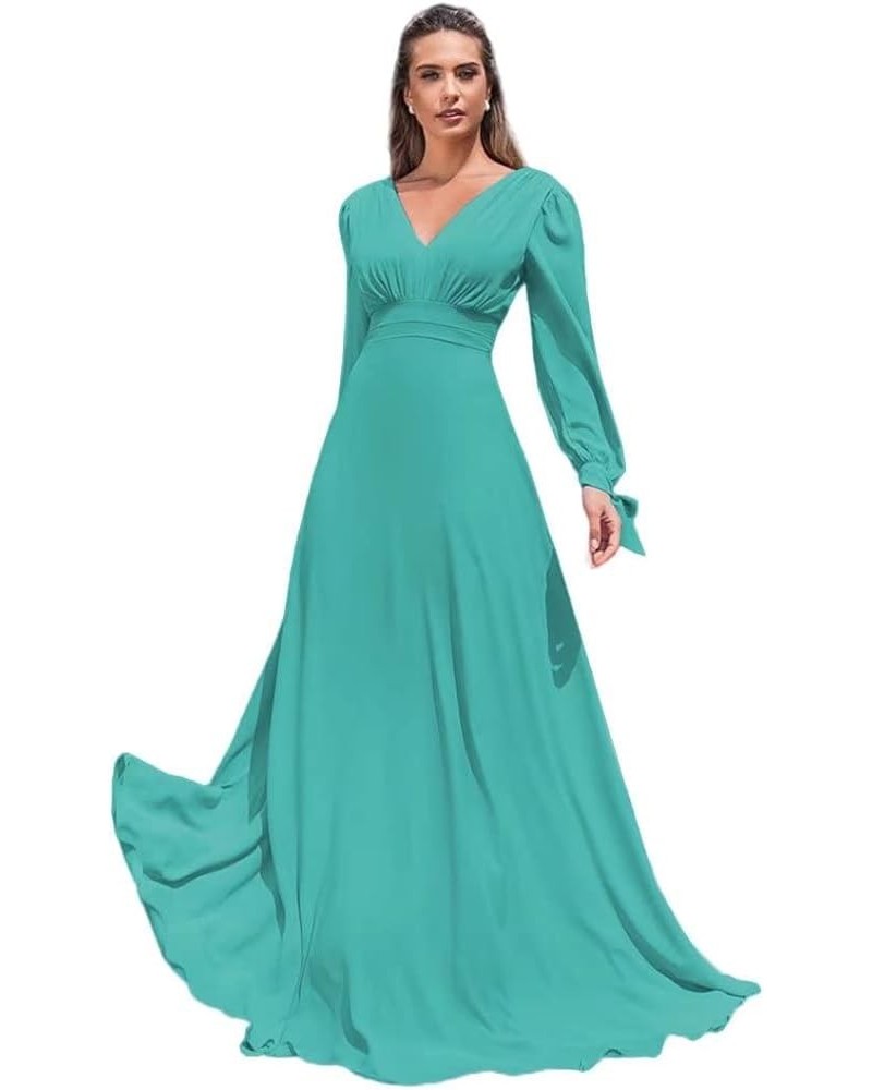 Elegant Chiffon Long Sleeve Bridesmaid Dresses for Women Long V Neck Formal Dresses A-line Pleated Party Gowns WZY50 Turquois...