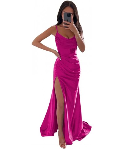 Women's Satin Prom Dress Long with Slit Ruched Mermaid Evening Gowns Formal Dress Fuchsia $38.42 Dresses