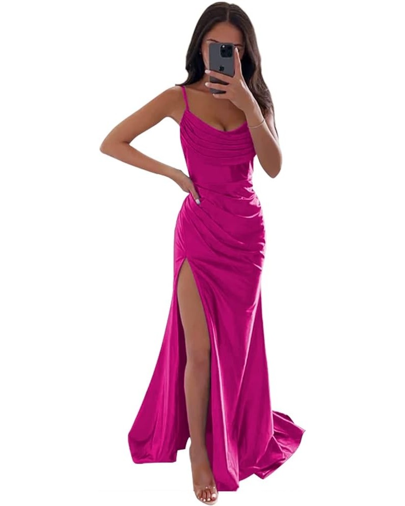 Women's Satin Prom Dress Long with Slit Ruched Mermaid Evening Gowns Formal Dress Fuchsia $38.42 Dresses