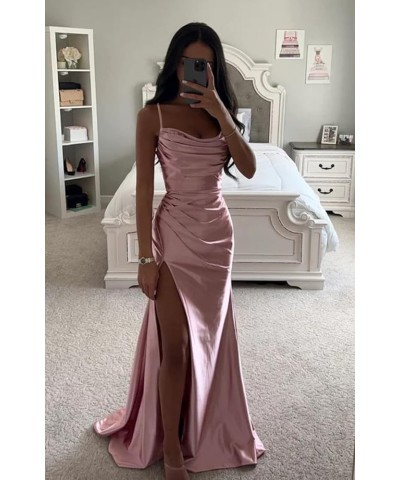 Women's Satin Prom Dress Long with Slit Ruched Mermaid Evening Gowns Formal Dress Fuchsia $38.42 Dresses