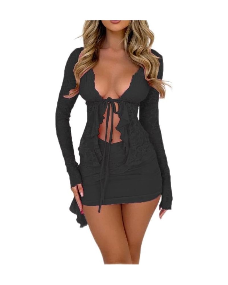 Sexy Skirt Outfits Sheer V Neck Flare Sleeve Top with Wrap Bodycon Mini Skirt Summer Y2K Ruched Skirt Sets Black $10.37 Suits