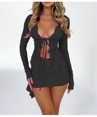 Sexy Skirt Outfits Sheer V Neck Flare Sleeve Top with Wrap Bodycon Mini Skirt Summer Y2K Ruched Skirt Sets Black $10.37 Suits