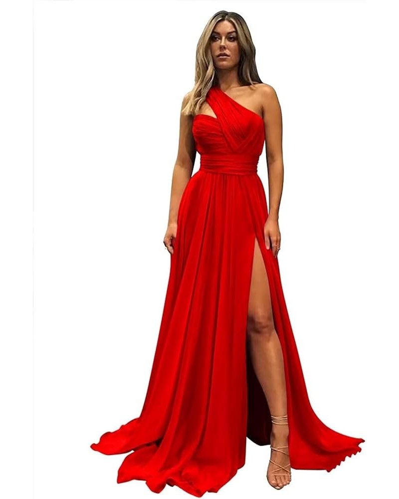 One Shoulder Bridesmaid Dresses for Wedding with Pockets Split Long Formal Prom Evening Dress Red $32.39 Dresses