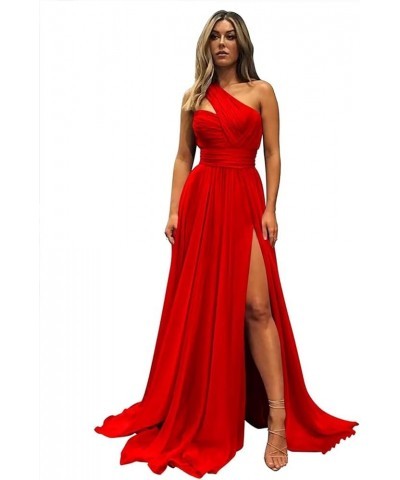 One Shoulder Bridesmaid Dresses for Wedding with Pockets Split Long Formal Prom Evening Dress Red $32.39 Dresses