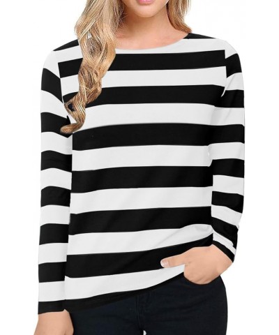 Women's Long Sleeve Striped T-Shirt Tee Shirt Tops Slim Fit Blouses Black White Wide Stripe $6.75 T-Shirts