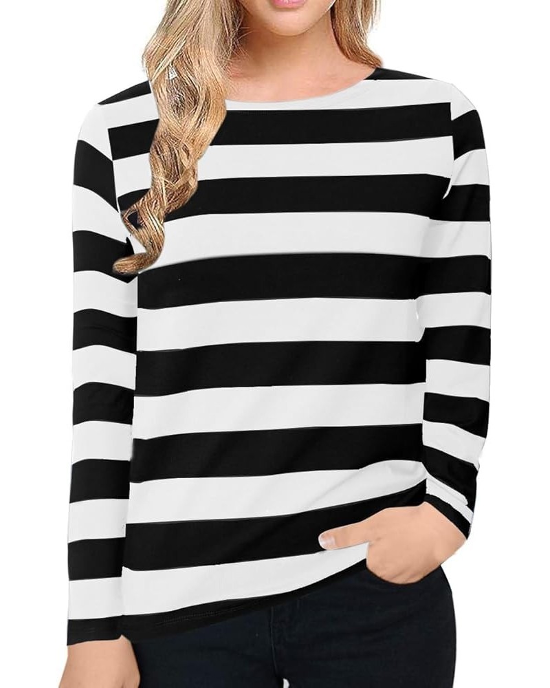 Women's Long Sleeve Striped T-Shirt Tee Shirt Tops Slim Fit Blouses Black White Wide Stripe $6.75 T-Shirts