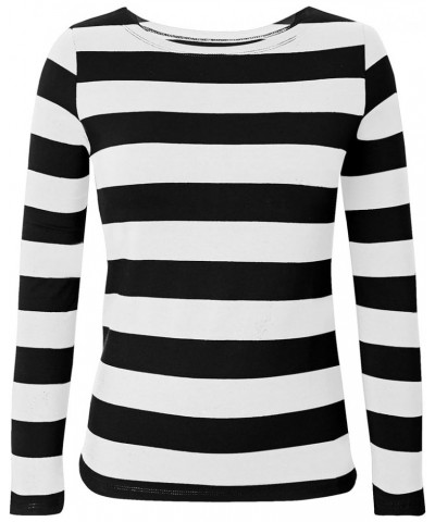 Women's Long Sleeve Striped T-Shirt Tee Shirt Tops Slim Fit Blouses Black White Wide Stripe $6.75 T-Shirts