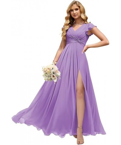 Women's V Neck Short Sleeve Bridesmaid Dresses Pleated Chiffon A Line Long Formal Dress with Slit QA101 Light Purple $29.69 D...