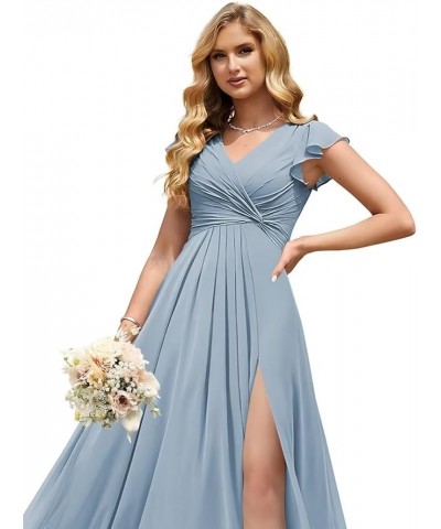 Women's V Neck Short Sleeve Bridesmaid Dresses Pleated Chiffon A Line Long Formal Dress with Slit QA101 Light Purple $29.69 D...