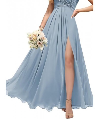 Women's V Neck Short Sleeve Bridesmaid Dresses Pleated Chiffon A Line Long Formal Dress with Slit QA101 Light Purple $29.69 D...