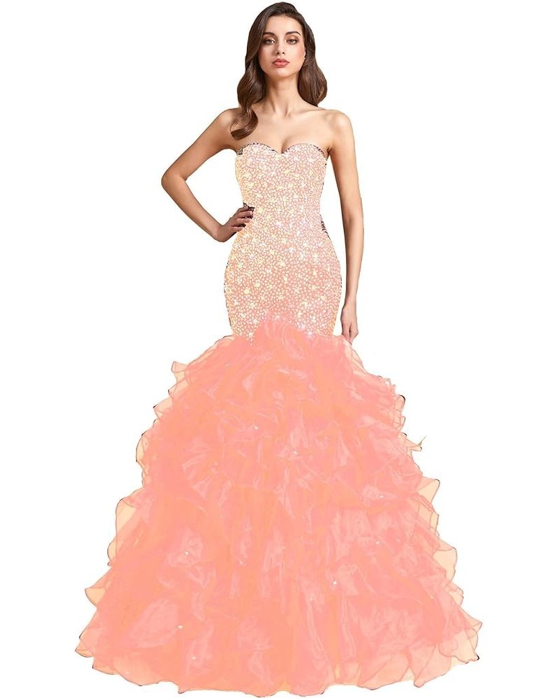 Crystals Long Mermaid Ruffles Beaded Sweetheart Corset Formal Prom Evening Dresses Peach $58.80 Dresses