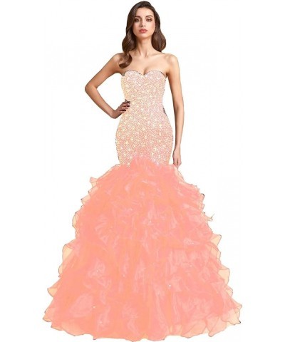 Crystals Long Mermaid Ruffles Beaded Sweetheart Corset Formal Prom Evening Dresses Peach $58.80 Dresses