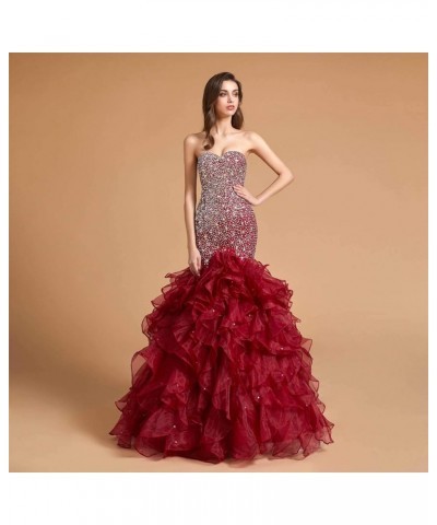 Crystals Long Mermaid Ruffles Beaded Sweetheart Corset Formal Prom Evening Dresses Peach $58.80 Dresses